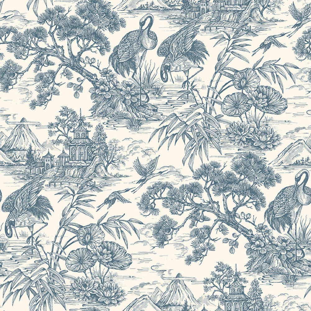 n9177705h Beautiful and delicate toile design in blue on a soft cream background. High quality paste the wall wallpaper.
