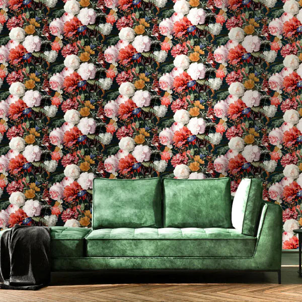 wn1066100G Fabulous all over floral motif with gorgeous tones of red, soft pink, orange and green on a black background wallpaper.