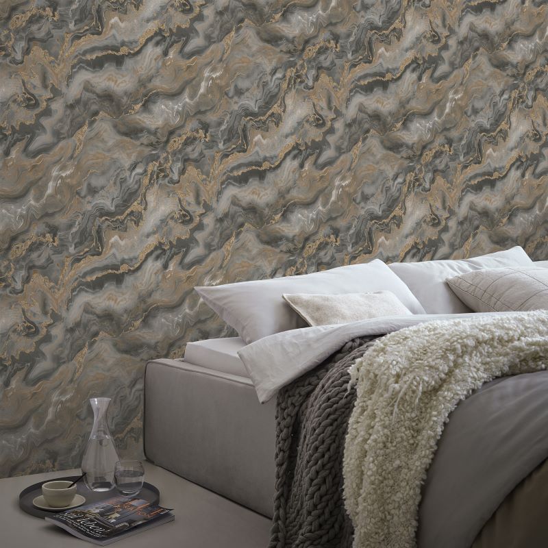 nv104400737e Gorgeous charcoal and taupe liquid marble effect with stunning gold metallic highlights. Paste the wall vinyl.