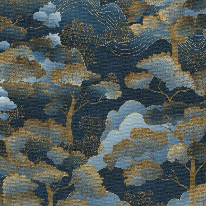 nv104477808e Stunning oriental inspired tree design in gorgeous blue and gold tones on a matt navy background. Paste the wall vinyl.