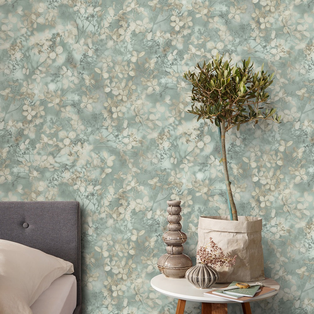 nv104551507e Beautiful blooming blossom pattern in sage green. Paste the wall vinyl.