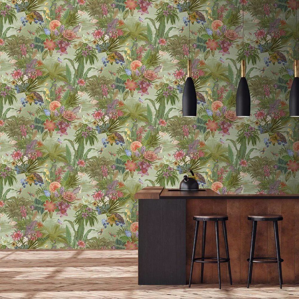 nv20455401g Gorgeous botanical floral design with beautiful birds on a textured matt green background. Paste the wall vinyl.