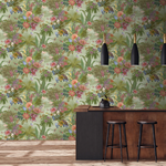 nv20455401g Beautiful botanical floral in soft green with gorgeous pink, purple, red, blue, and yellow tones throughout. Textured paste the wall vinyl.