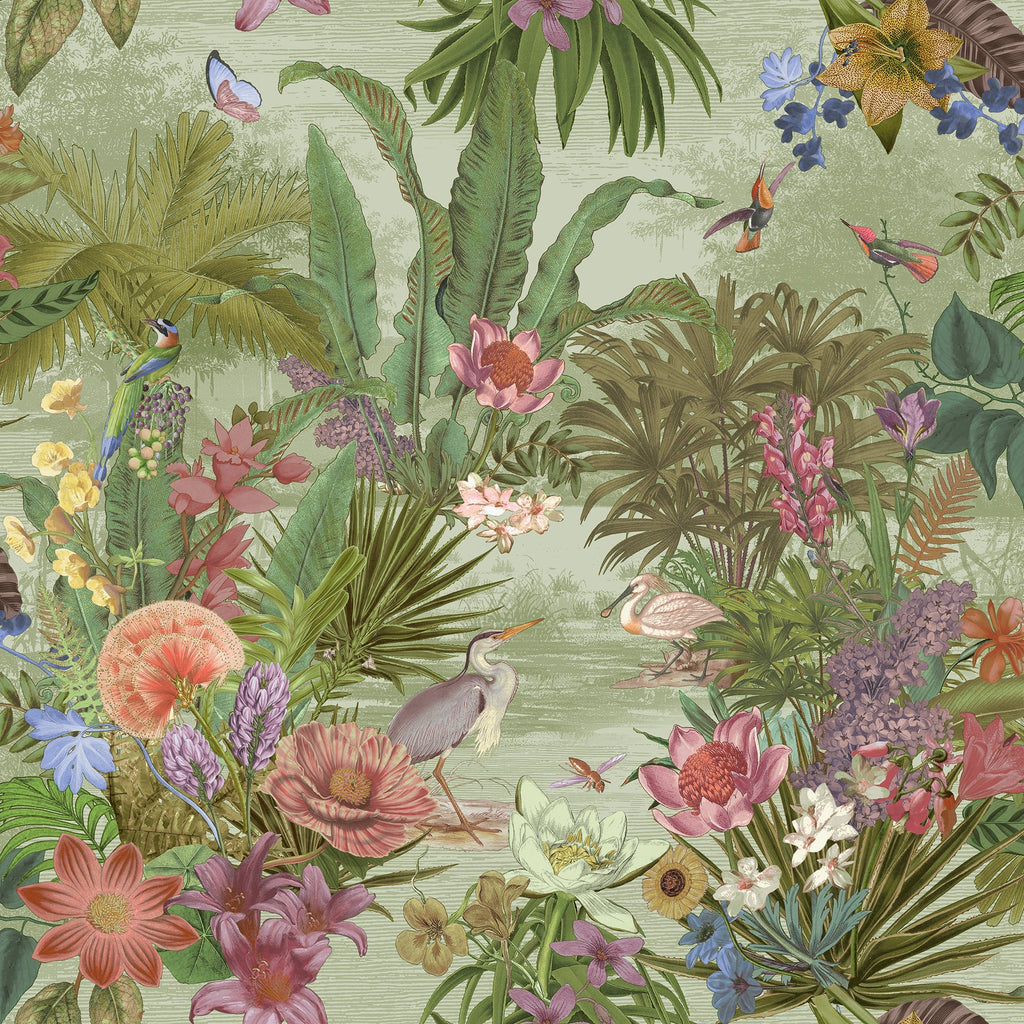 nv20455401g Beautiful botanical floral in soft green with gorgeous pink, purple, red, blue, and yellow tones throughout. Textured paste the wall vinyl.