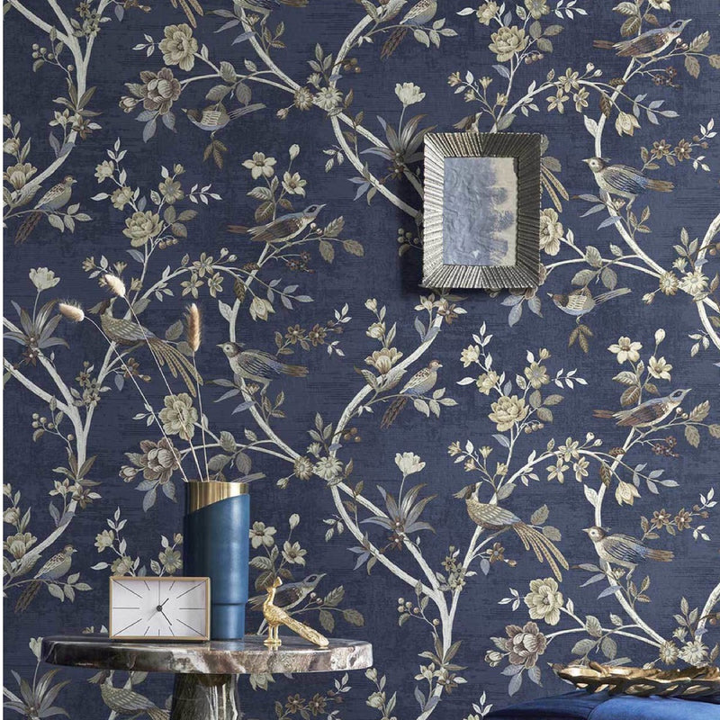 nv2877849p Stunning navy floral bird trail on textured paste the wall vinyl. Supreme quality.