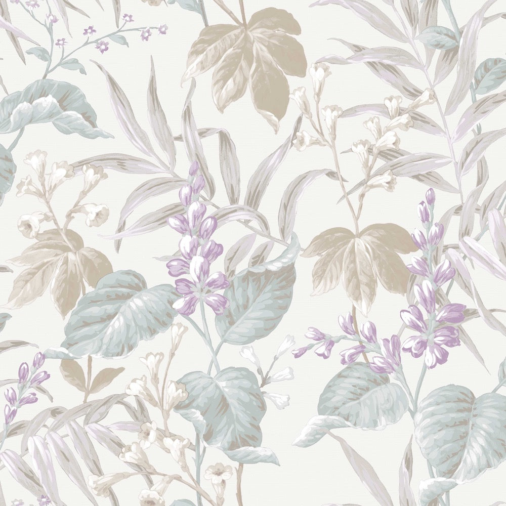 nv2887754p Beautiful flowing leaf design with beautiful purple flowers. Supreme quality paste the wall vinyl.