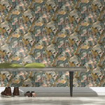 nv68700804r Beautiful large exotic leaf motif in gorgeous tones of grey, green and brown on a deep anthracite background.