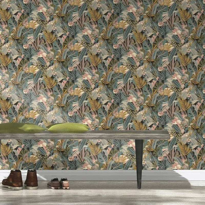 nv68700804r Beautiful large exotic leaf motif in gorgeous tones of grey, green and brown on a deep anthracite background.