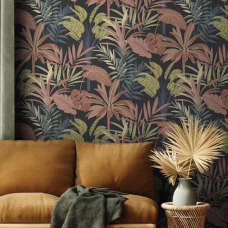 nv69100603r Beautiful large exotic leaf motif in gorgeous pink, blue and green tones. Paste the wall vinyl.