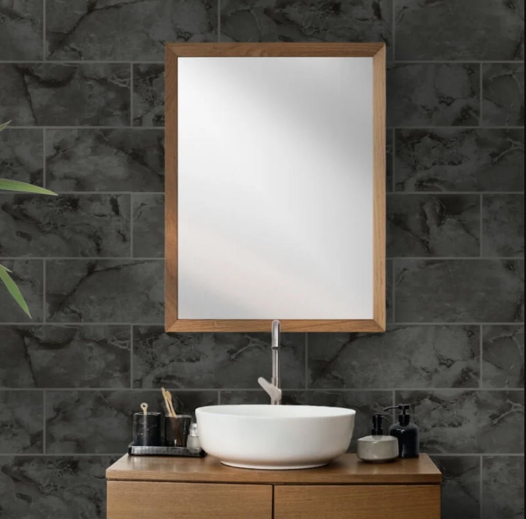 t8930090hd Gorgeous marble tile on a roll effect in charcoal. Textured washable vinyl.