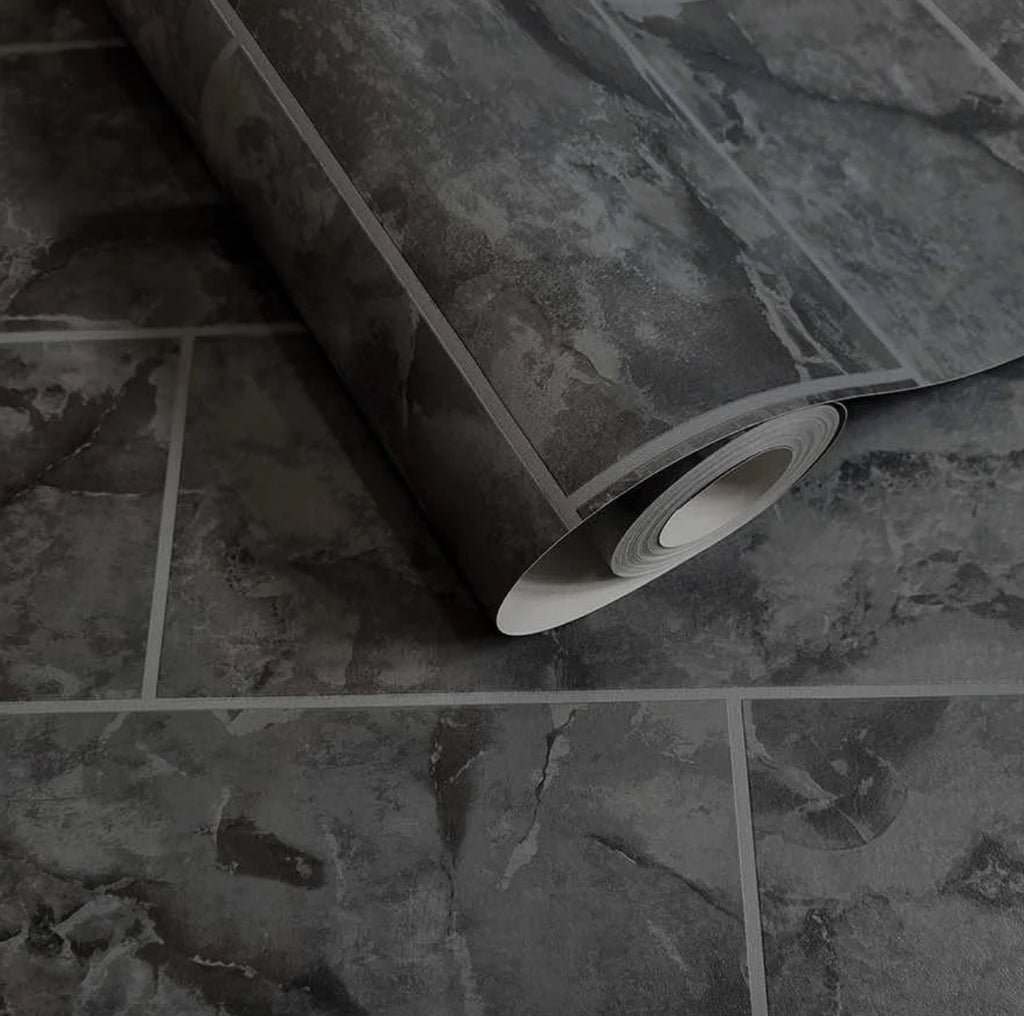 t8930090hd Gorgeous marble tile on a roll effect in charcoal. Textured washable vinyl.