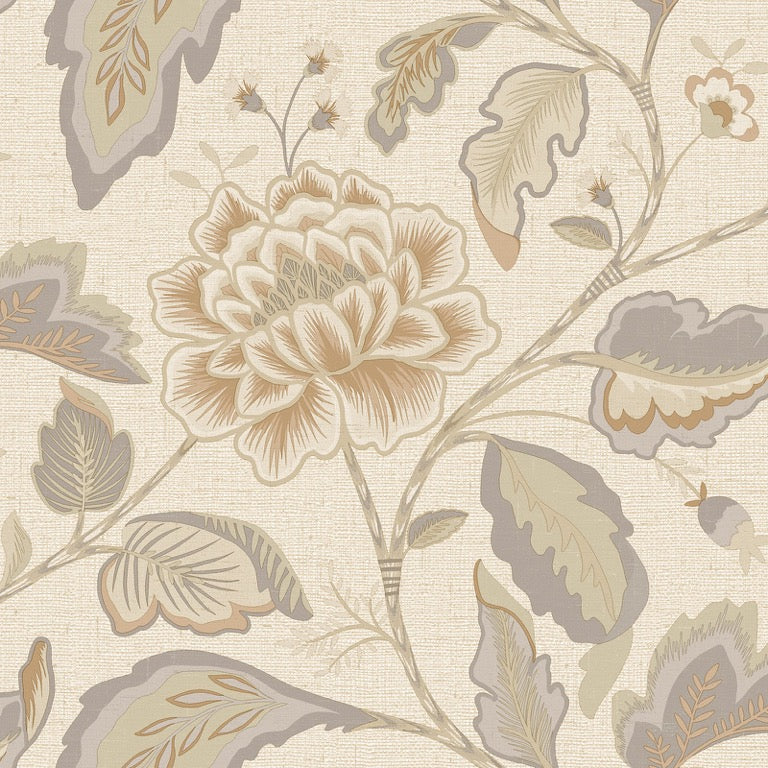 v172223b Gorgeous textured vinyl with a beautiful floral trail in cream and grey tones on a soft cream hessian background.