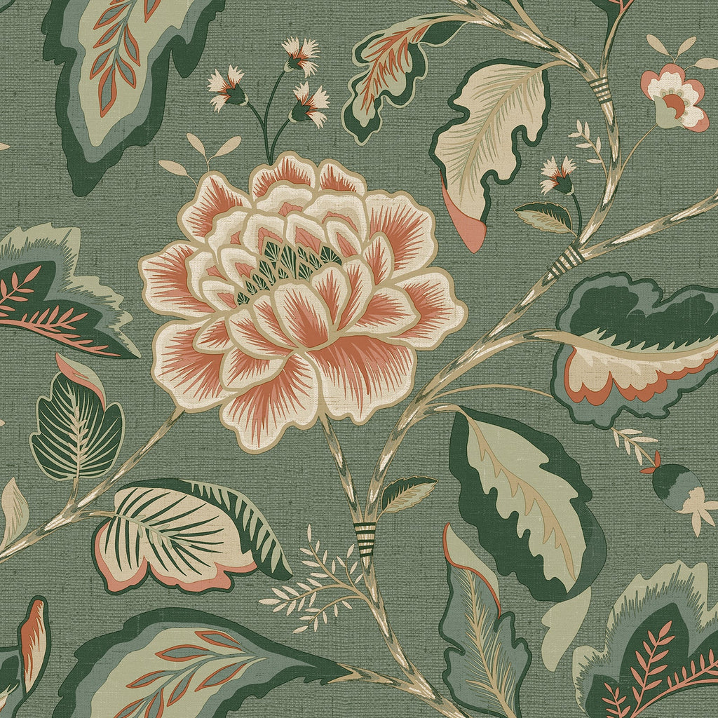 v175521b Gorgeous textured vinyl with a beautiful floral trail in deep green with a hessian background.