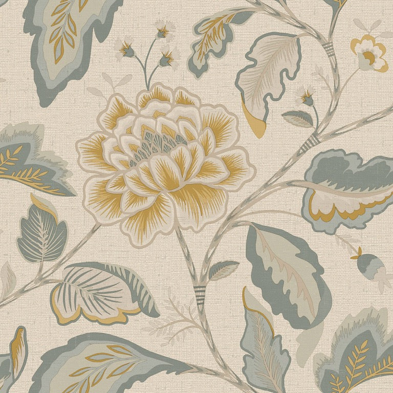 v177724b Gorgeous textured vinyl with a beautiful floral trail in blue, yellow and cream tones on a soft cream hessian background.