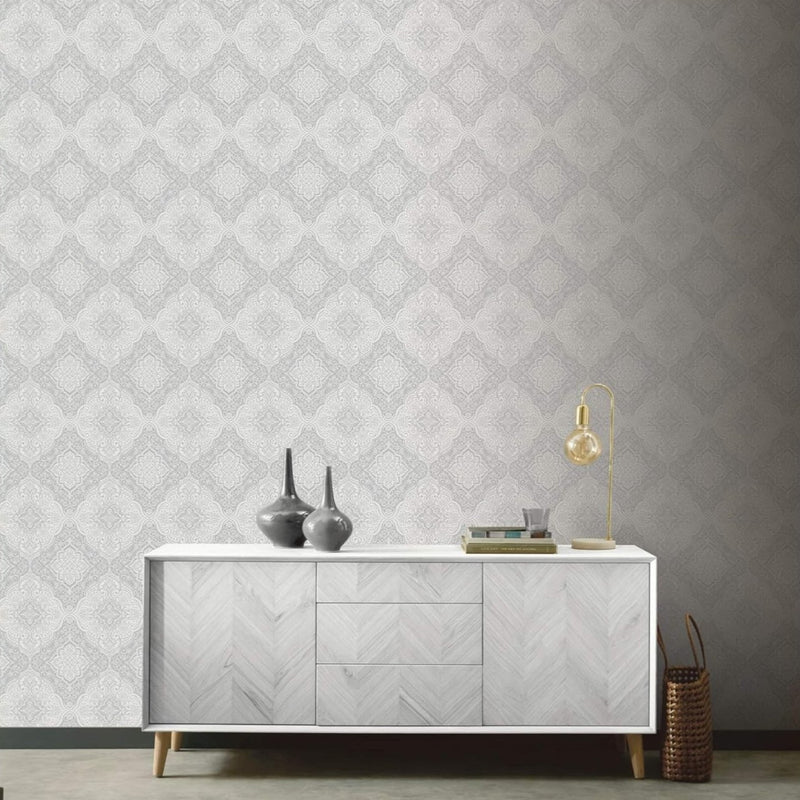 vh29500701a Stunning silver metallic damask design on heavy weight paste the wall vinyl.