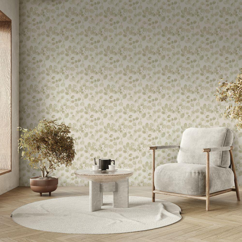 vh3645519h Fabulous flowing eucalyptus leaf motif in sage green tones on a neutral textured background. Supreme quality heavy weight vinyl.