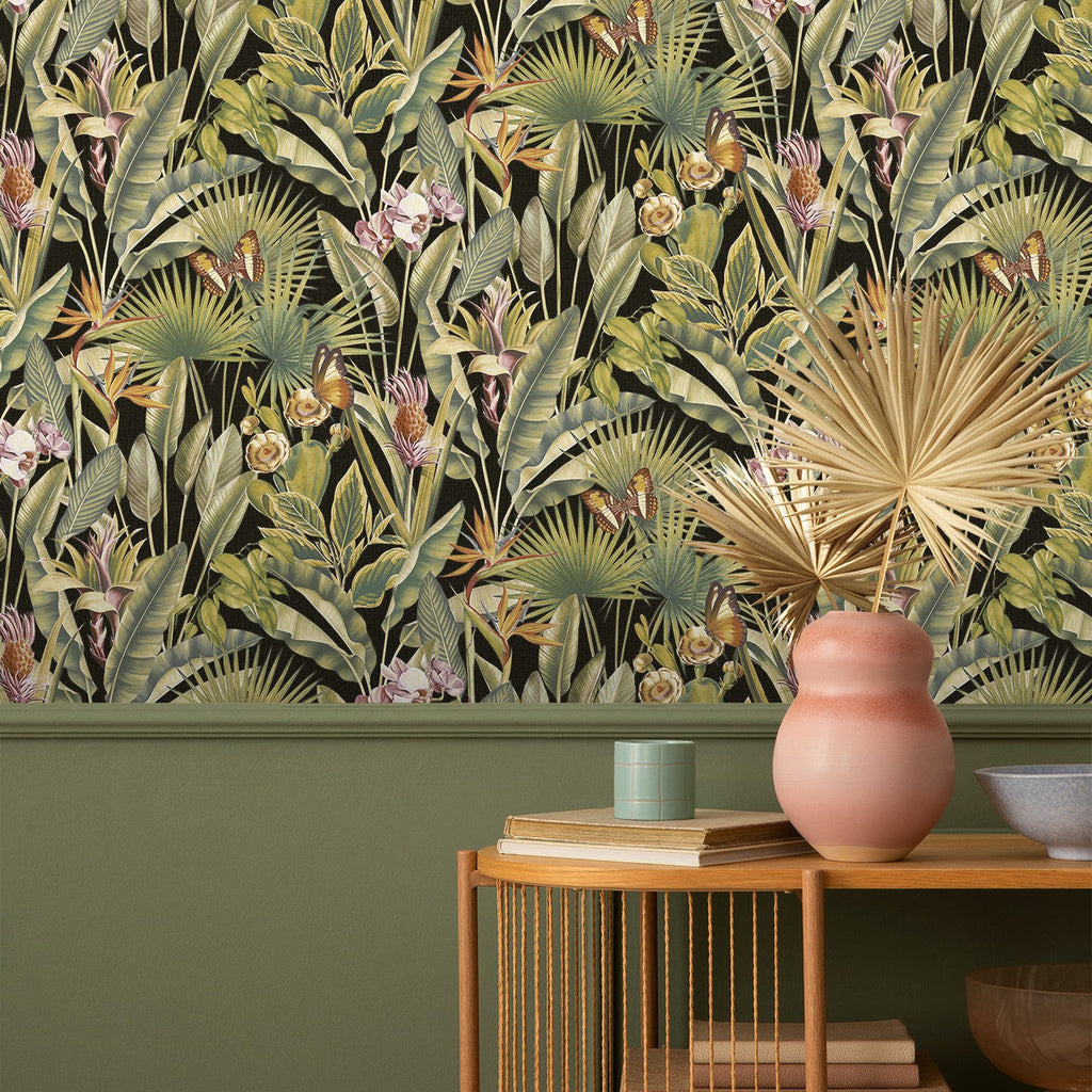 vh40011006R Striking black background with stunning vibrant green tropical leaves, beautiful butterflies and jungle foliage. Heavy weight vinyl. Supreme quality.