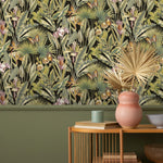 vh40011006R Striking black background with stunning vibrant green tropical leaves, beautiful butterflies and jungle foliage. Heavy weight vinyl. Supreme quality.