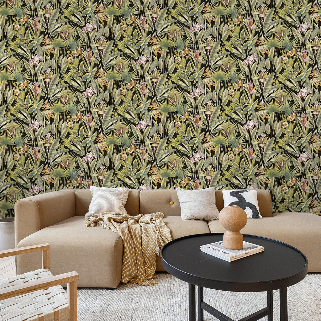 vh40011006R Striking black background with stunning vibrant green tropical leaves, beautiful butterflies and jungle foliage. Heavy weight vinyl. Supreme quality.