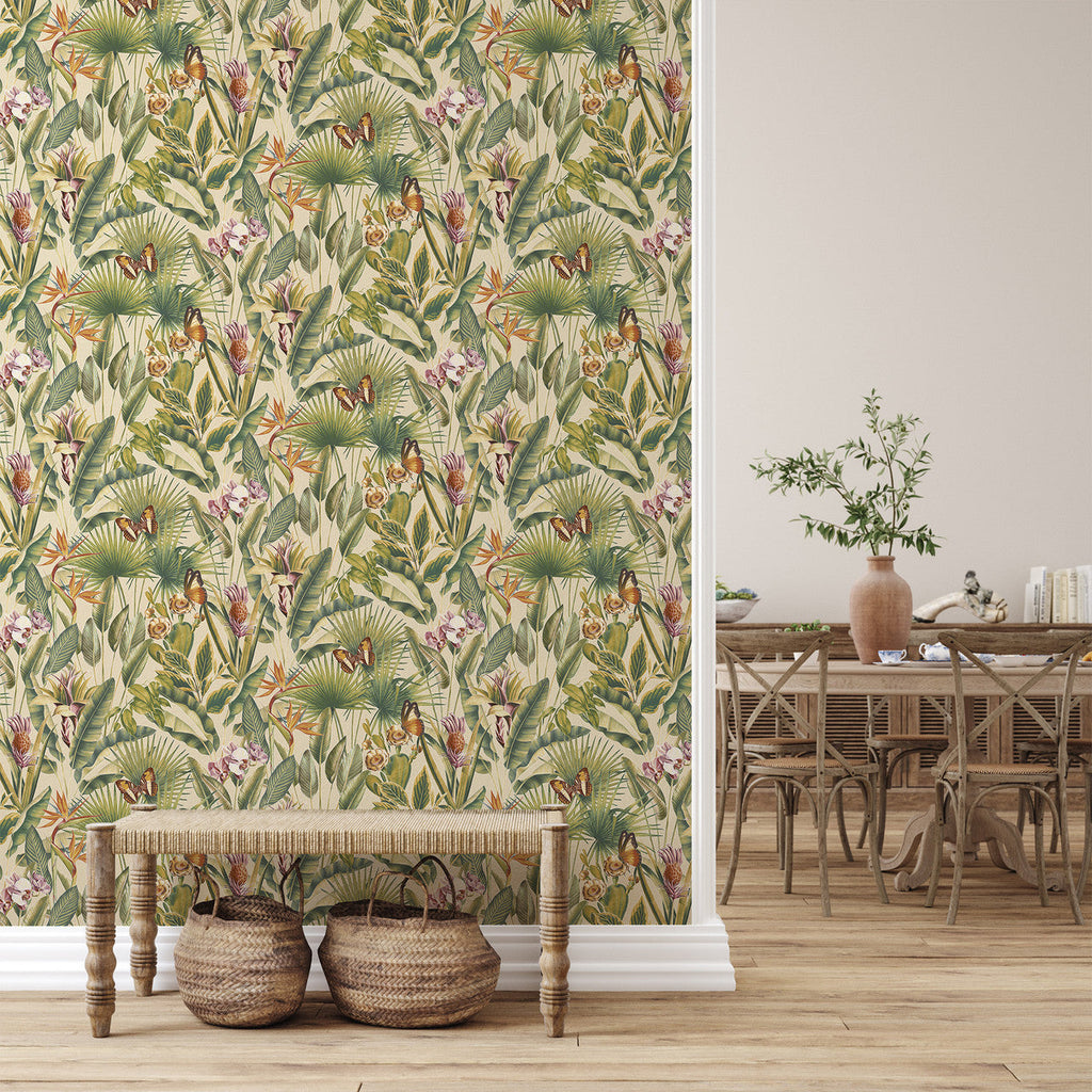 vh40022020r A gorgeous cream textured background with stunning vibrant green tropical leaves, beautiful butterflies and jungle foliage. Heavy weight vinyl. Supreme quality.