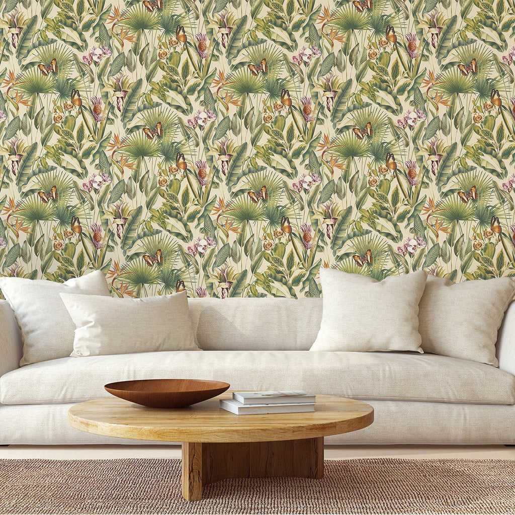 vh40022020r A gorgeous cream textured background with stunning vibrant green tropical leaves, beautiful butterflies and jungle foliage. Heavy weight vinyl. Supreme quality.