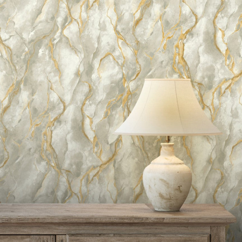 vh40055129r Gorgeous green and ivory toned marble effect design with metallic gold veins running throughout. Heavy weight Italian vinyl.