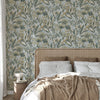 vh40077013r Striking chalky blue background with stunning vibrant green tropical leaves, beautiful butterflies and jungle foliage. Heavy weight vinyl. Supreme quality.