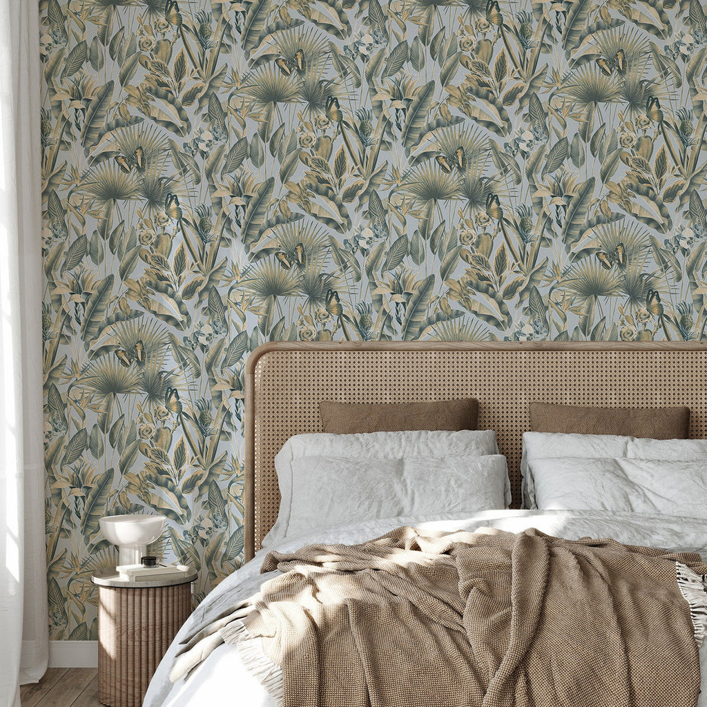 vh40077013r Striking chalky blue background with stunning vibrant green tropical leaves, beautiful butterflies and jungle foliage. Heavy weight vinyl. Supreme quality.