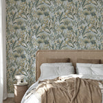 vh40077013r Striking chalky blue background with stunning vibrant green tropical leaves, beautiful butterflies and jungle foliage. Heavy weight vinyl. Supreme quality.