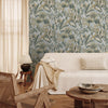 vh40077013r Striking chalky blue background with stunning vibrant green tropical leaves, beautiful butterflies and jungle foliage. Heavy weight vinyl. Supreme quality.