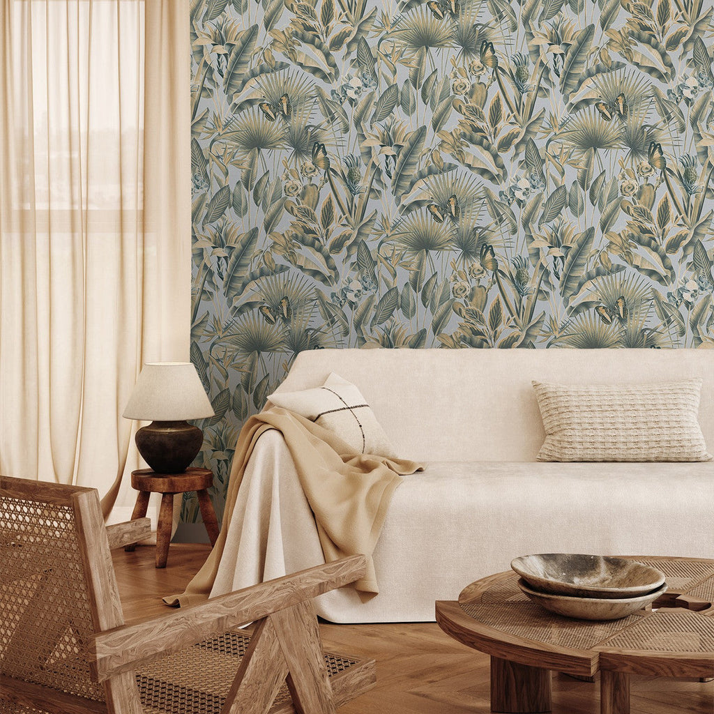vh40077013r Striking chalky blue background with stunning vibrant green tropical leaves, beautiful butterflies and jungle foliage. Heavy weight vinyl. Supreme quality.