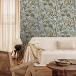 vh40077013r Striking chalky blue background with stunning vibrant green tropical leaves, beautiful butterflies and jungle foliage. Heavy weight vinyl. Supreme quality.