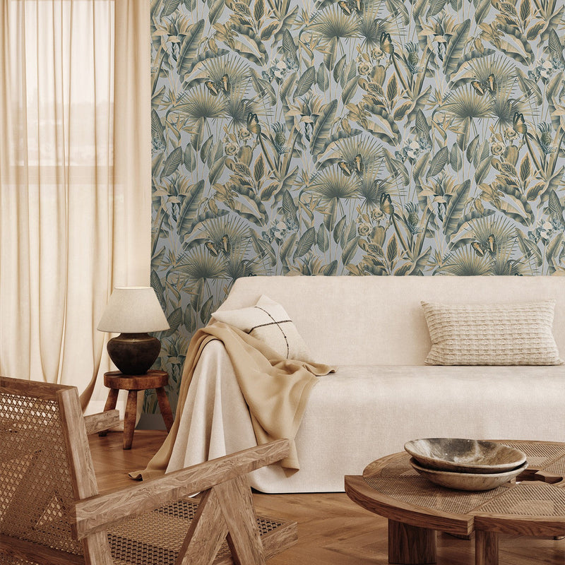vh40077013r Striking chalky blue background with stunning vibrant green tropical leaves, beautiful butterflies and jungle foliage. Heavy weight vinyl. Supreme quality.