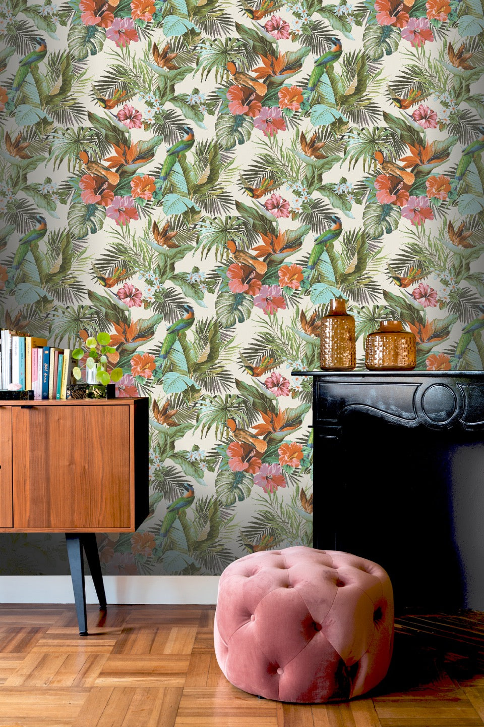 vh53900066r Beautiful deep engraved tropical paradise design with gorgeous colourful leaves, flowers and birds. Heavy weight italian vinyl. Supreme quality