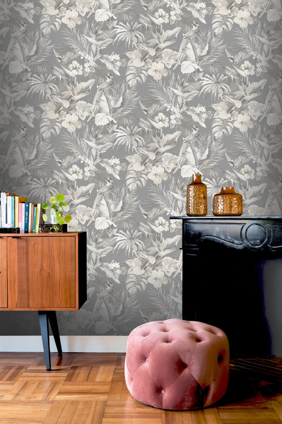 vh53900073r Beautiful deep engraved tropical paradise design with gorgeous colourful leaves, flowers and birds on a black background. Heavy weight Italian textured vinyl. Supreme quality