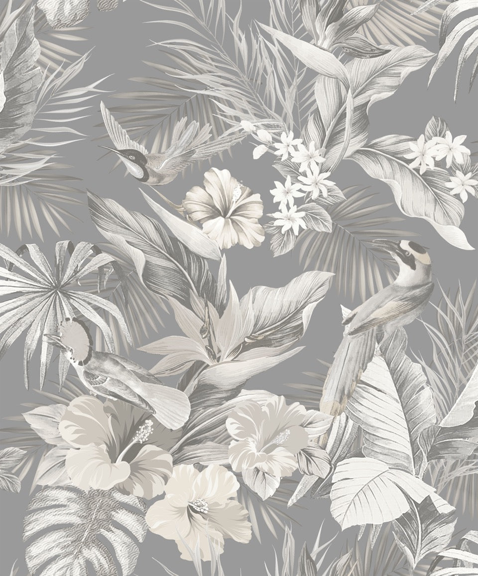 vh53900073r Beautiful deep engraved tropical paradise design with gorgeous colourful leaves, flowers and birds on a black background. Heavy weight Italian textured vinyl. Supreme quality