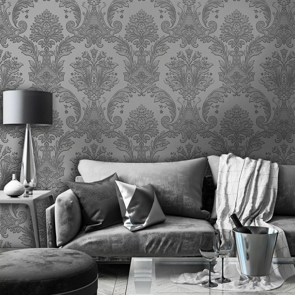 vh730072b Beautiful deep engraved damask in gunmetal grey. Supreme quality Italian vinyl.