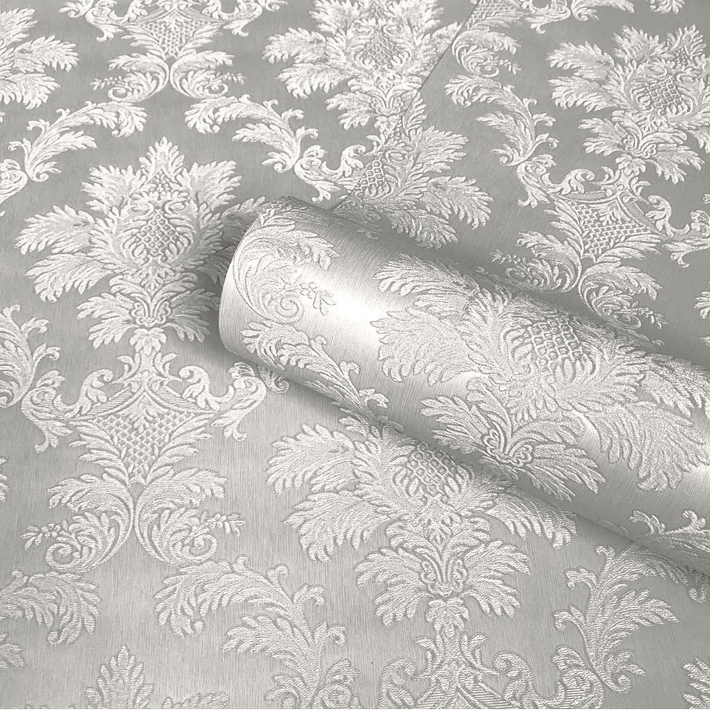 vh910001B Beautiful small scale damask pattern in silver on a shimmering metallic background. Heavyweight vinyl.