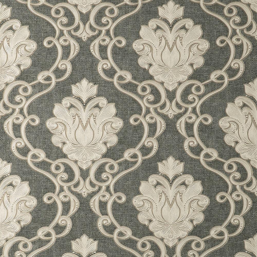 vhm9500660fd Beautiful deep engraved damask in charcoal. Luxurious heavy weight vinyl. Suitable for any area. Washable and durable.