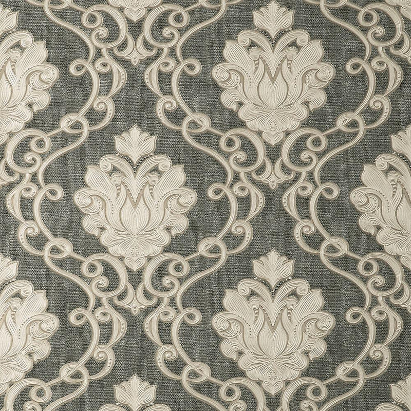 vhm9500660fd Beautiful deep engraved damask in charcoal. Luxurious heavy weight vinyl. Suitable for any area. Washable and durable.