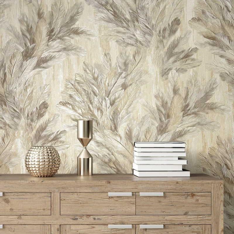 vhm9522694r Beautiful elegant and delicate flowing feather design in warm natural beige tones. Supreme quality. Heavy weight vinyl.