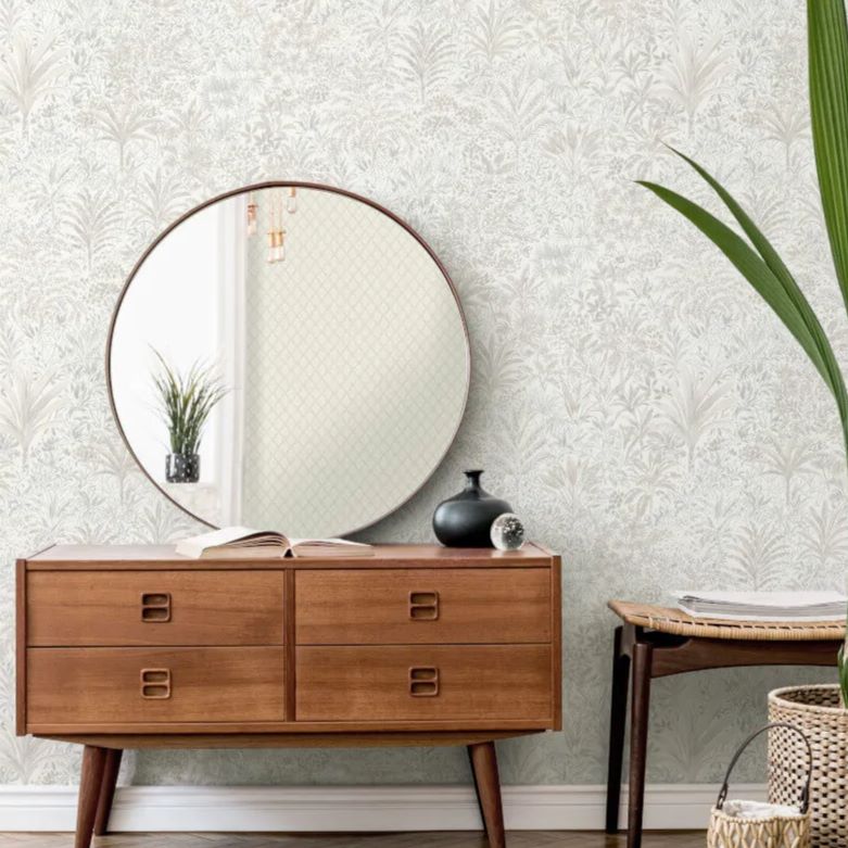 vhm9560077fd Beautiful foliage motif on a lightly textured background in soft silver and off-white tones. Heavy weight vinyl.