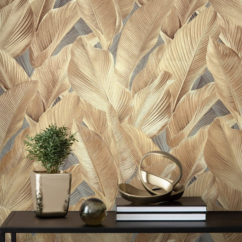 vhm9566687r Gorgeous flowing overlapping leaf motif in gorgeous bronze and dark taupe tones. Heavy weight vinyl. Supreme quality.