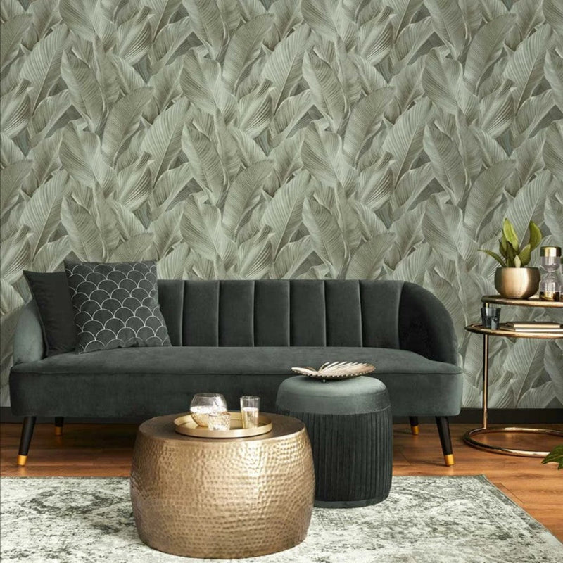 vhm9577688r Gorgeous flowing overlapping leaf motif in gorgeous khaki green tones. Heavy weight vinyl. Supreme quality.