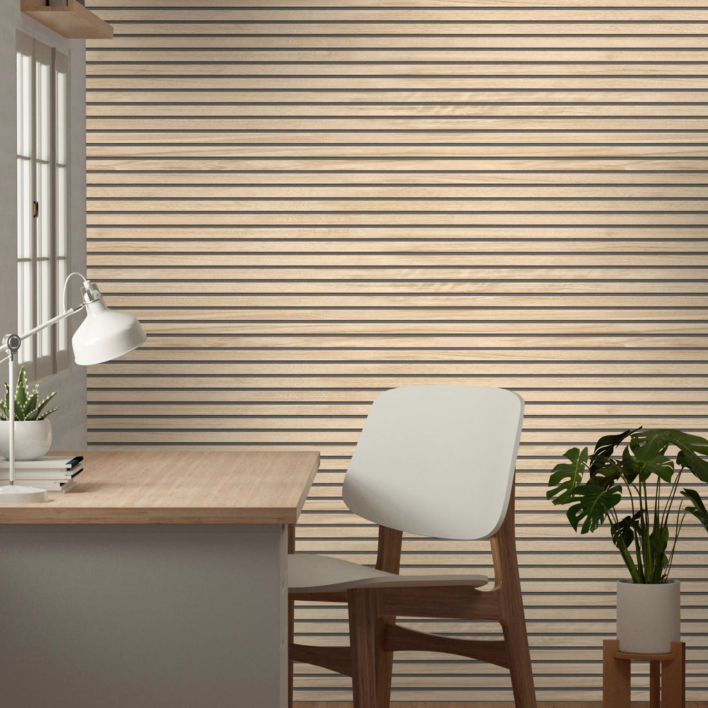 w113358b Gorgeous '3D effect' narrow wooden slats in a beautiful light oak colour. This design can be hung vertically or horizontally.