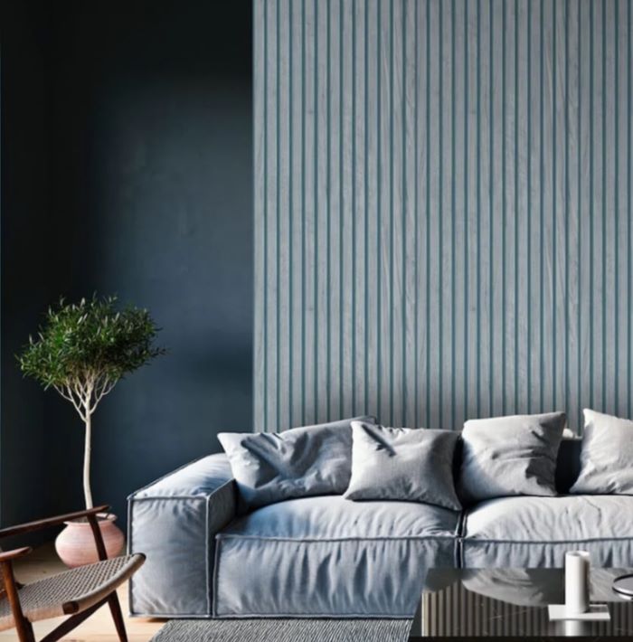 w117764B Gorgeous '3D effect' narrow wooden slats in beautiful blue tones. This design can be hung vertically or horizontally.