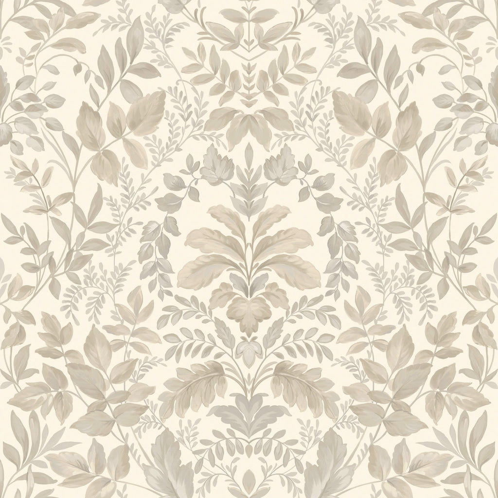 w1362270H Elegant classic trailing leaf damask in beige on heavyweight wallpaper.