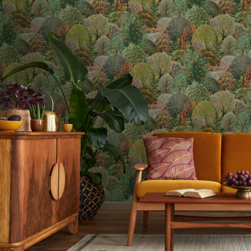 w1365590h Beautiful enchanting forest design featuring a lush landscape of intertwining trees in gorgeous greens, pinks and orange tones.
