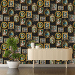 w1370090h Funky wallpaper featuring gold picture frames with animals in vintage attire on a charcoal background.