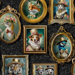 w1370090h Funky wallpaper featuring gold picture frames with animals in vintage attire on a charcoal background.